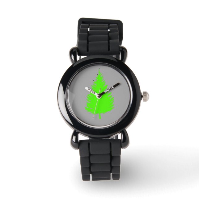Silueta verde de árbol en reloj gris (Anverso)