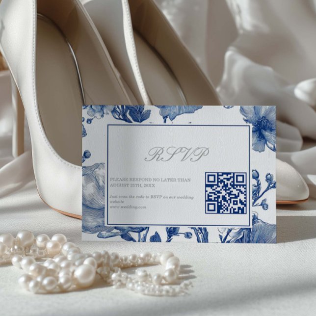 Silver And Navy Blue Wedding QR code RSVP Card (Subido por el creador)
