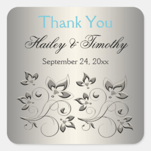 Silver, Aqua, Black Floral Gracias Pegatina