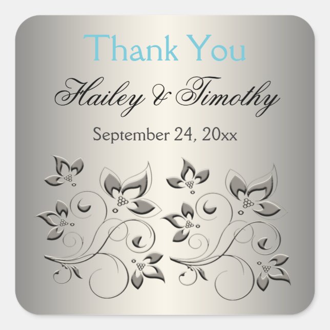 Silver, Aqua, Black Floral Gracias Pegatina (Anverso)