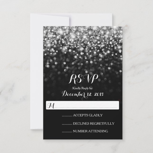 Silver Black Hollywood Glitz Glam Wedding RSVP (Anverso)