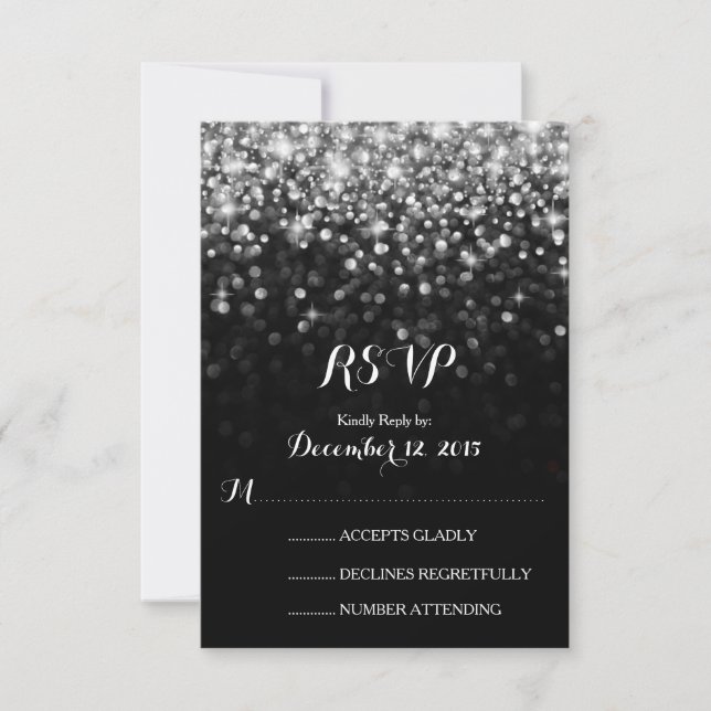 Silver Black Hollywood Glitz Glam Wedding RSVP (Anverso)