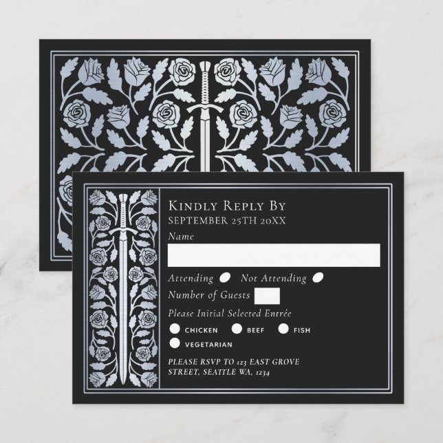 Silver Black Medieval Sword Wedding RSVP (Anverso / Reverso)