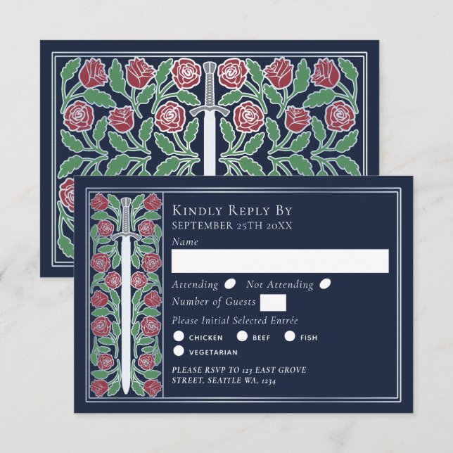 Silver Blue Medieval Floral Sword Wedding RSVP (Anverso / Reverso)