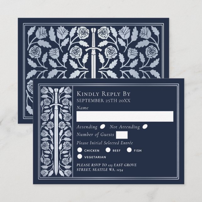 Silver Blue Medieval Sword Wedding RSVP (Anverso / Reverso)