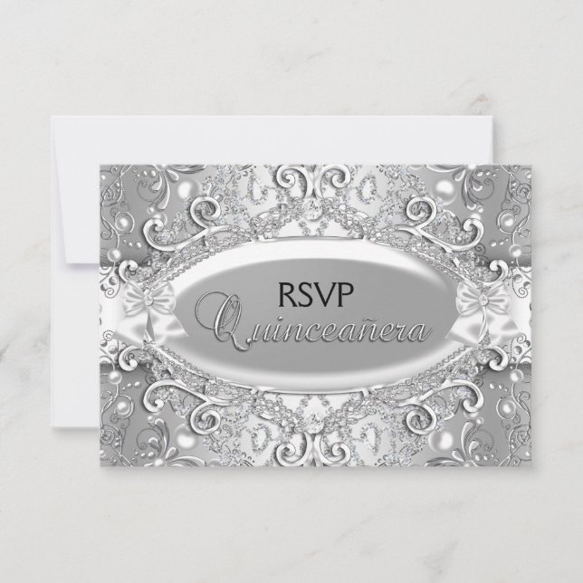 Silver Damask Pearl Quinceanera RSVP (Anverso)