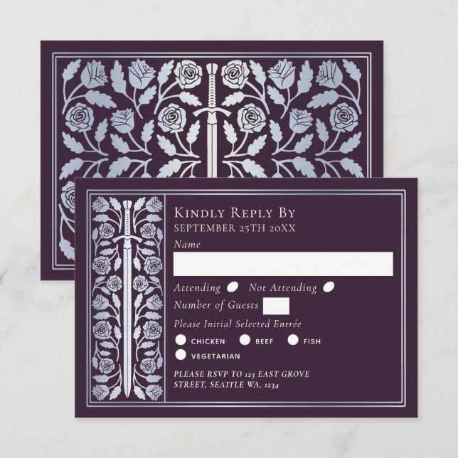 Silver Eggplant Medieval Sword Wedding RSVP (Anverso / Reverso)