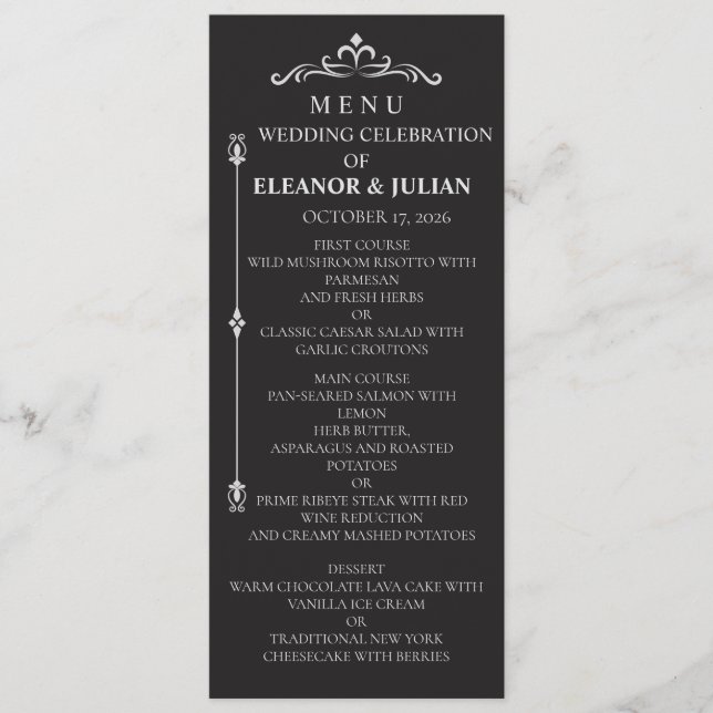 Silver Elegance Collection Wedding Menu Card (Anverso)