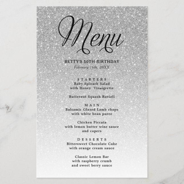Silver Glitter Script Heading Party Menu (Frente)