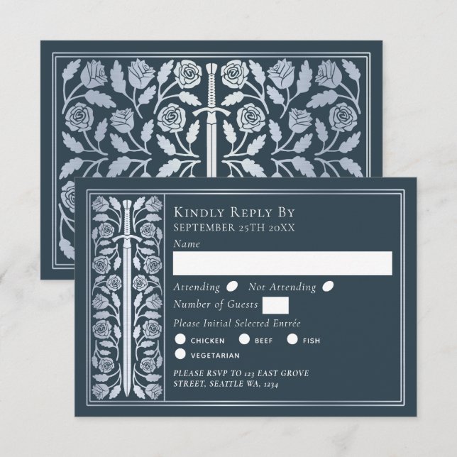 Silver Gray Medieval Sword Wedding RSVP (Anverso / Reverso)