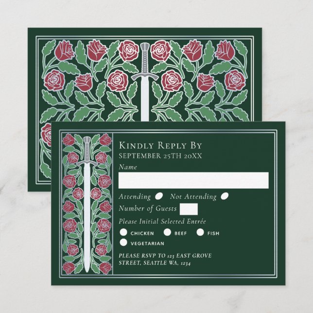 Silver Green Medieval Floral Sword Wedding RSVP (Anverso / Reverso)