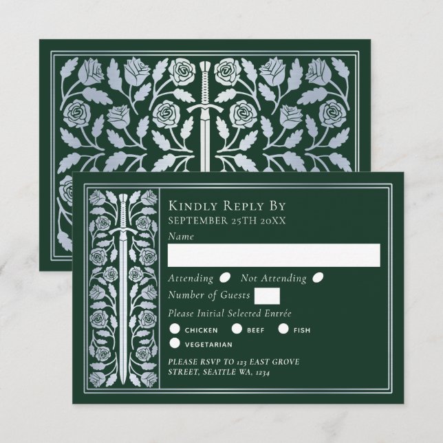 Silver Green Medieval Sword Wedding RSVP (Anverso / Reverso)
