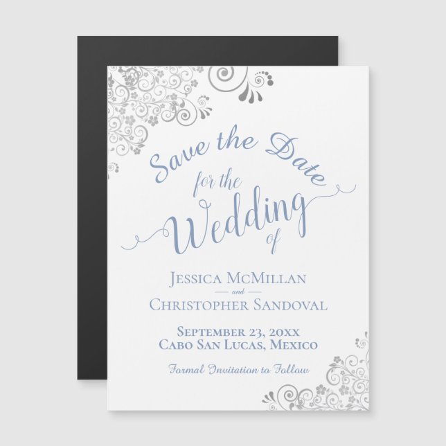 Silver Lace Dusty Blue Save the Date White Magnet (Anverso/Reverso)