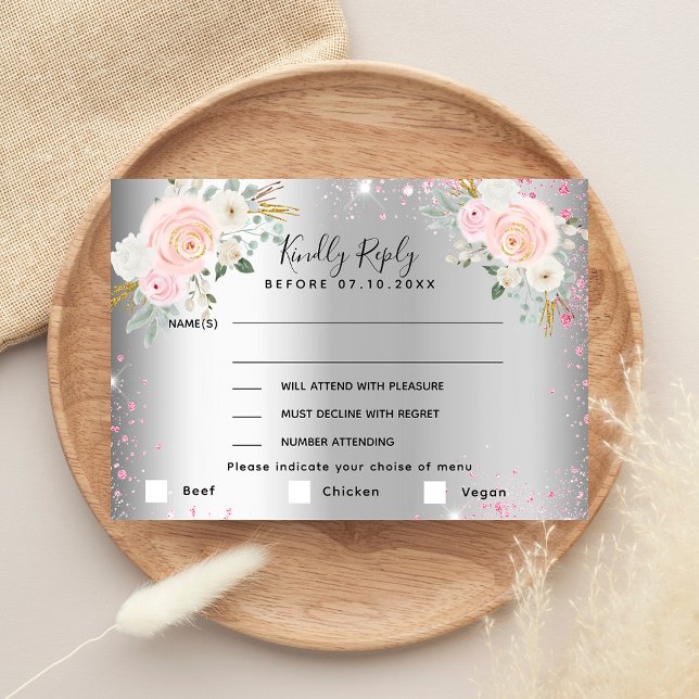 Silver pink flowers wedding menu RSVP (Subido por el creador)