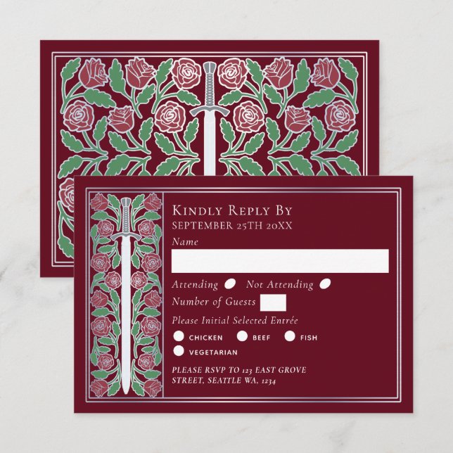 Silver Red Medieval Floral Sword Wedding RSVP (Anverso / Reverso)