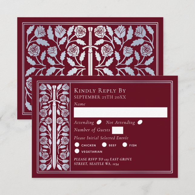 Silver Red Medieval Sword Wedding RSVP (Anverso / Reverso)