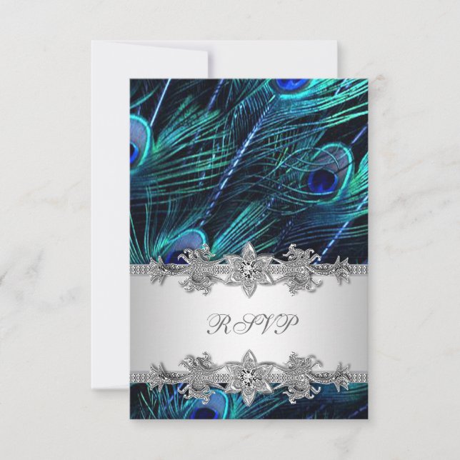 Silver Royal Blue Peacock Wedding RSVP (Anverso)