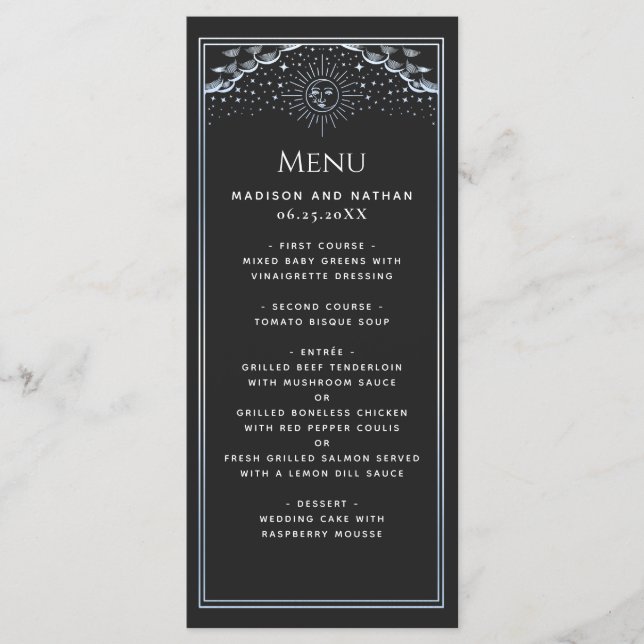 Silver Sun and Moon Tarot Wedding Flat Menu (Anverso)