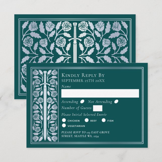 Silver Teal Medieval Sword Wedding RSVP (Anverso / Reverso)