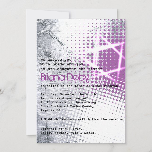 SILVER TEXTURE STAR Bar Bat Mitzvah Invitación (Anverso)