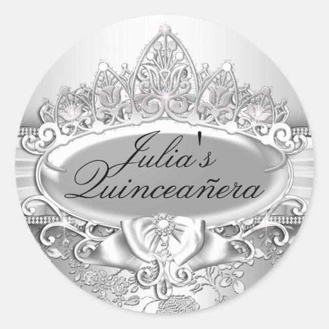 Silver Tiara y Floral Quinceanera Pegatina (Anverso)