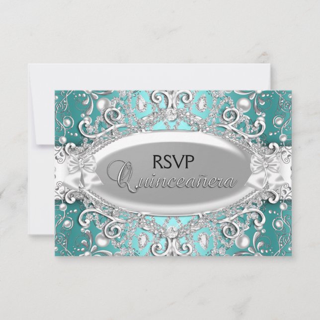 Silver Verde azulado Damask Pearl Quinceanera RSVP (Anverso)