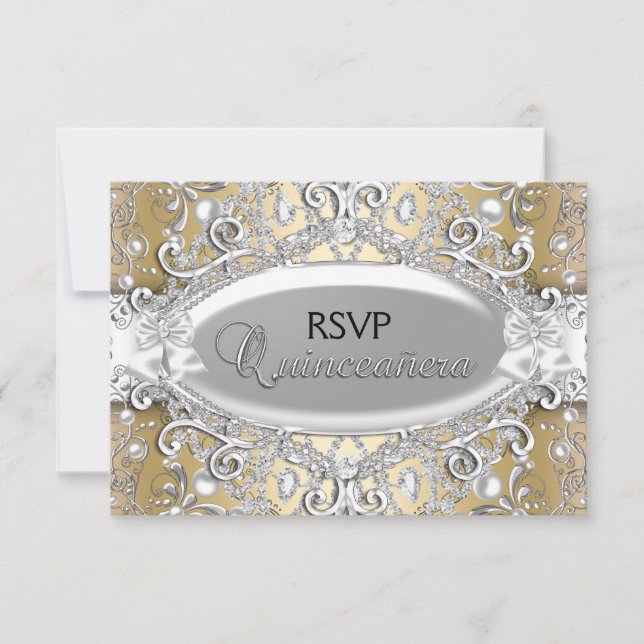 Silver y Gold Damask Pearl Quinceanera RSVP (Anverso)