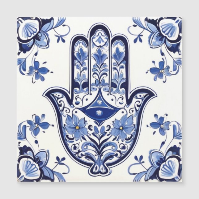Símbolo de mano Hamsa - Mano azul y blanca de Fáti (Anverso)