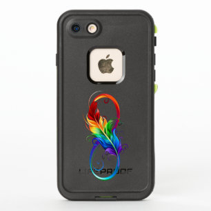 Símbolo infinito con plumas arcoiris