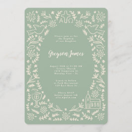 Símbolos de Invitación de Bautizo Verde y Crema