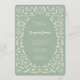 Símbolos de Invitación de Bautizo Verde y Crema