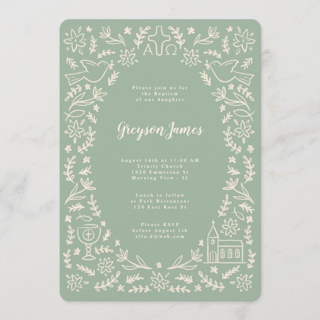 Símbolos de Invitación de Bautizo Verde y Crema (Anverso)