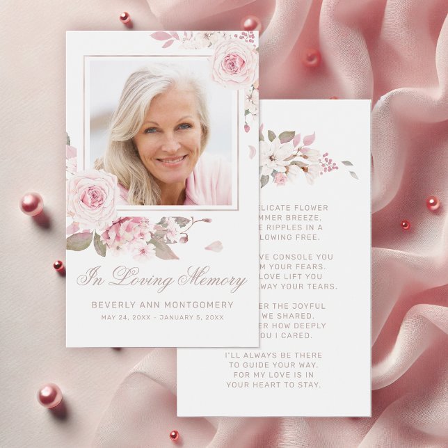 Simpatía Elegante Tarjeta de poema fotográfico ros (Elegant Pink Rose Floral Photo Funeral Card with Poem)