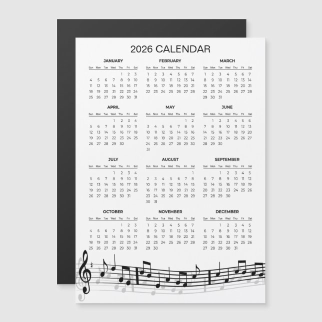 Simple 2026 Calendar with Musical Notes | Magnet (Anverso/Reverso)