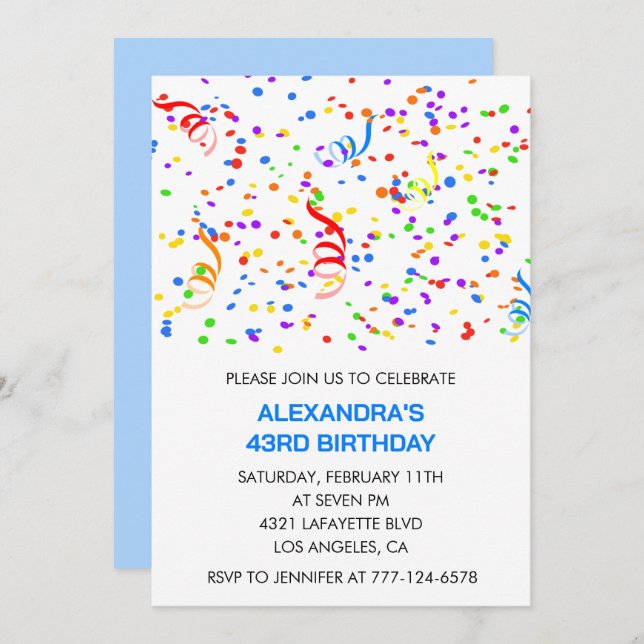 Simple 43 invitaciones de cumpleaños Confetti Rain (Anverso / Reverso)