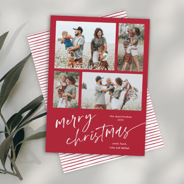 Simple 4 guión de Collage de fotos Feliz Navidad (Simple red and white modern merry christmas script photo holiday card with matching stripe backer.)