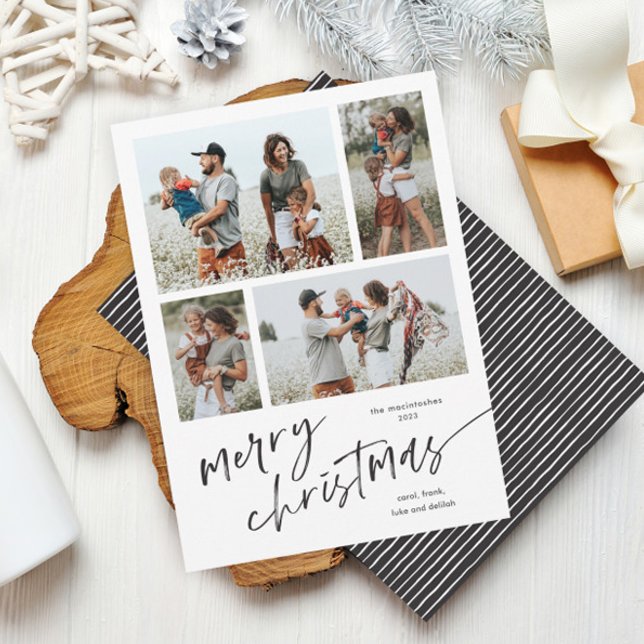 Simple 4 guión de Collage de fotos Feliz Navidad (Modern script merry christmas 4 photo collage minimal black and white Christmas holiday card.)