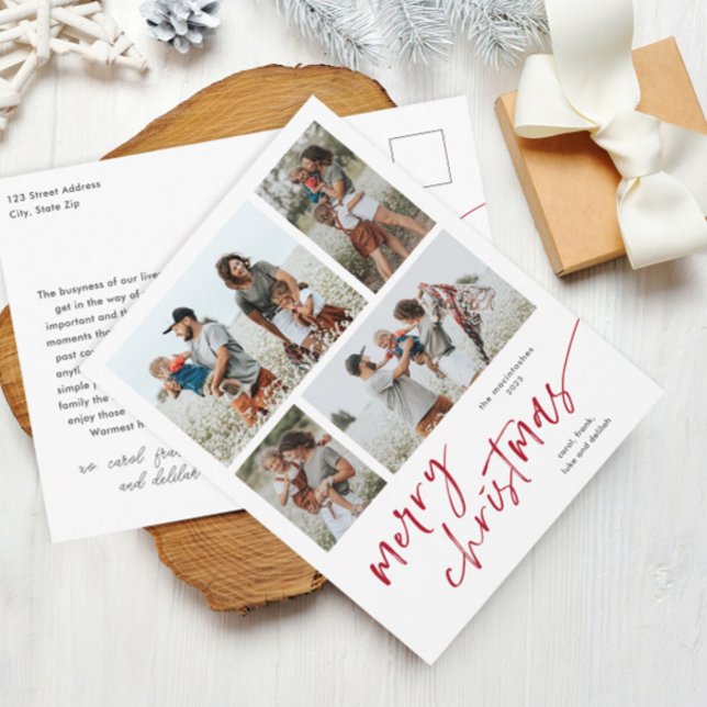 Simple 4 guión de Collage de fotos Feliz Navidad (Modern handwritten script 4 photo collage red and white merry Christmas holiday postcard.)