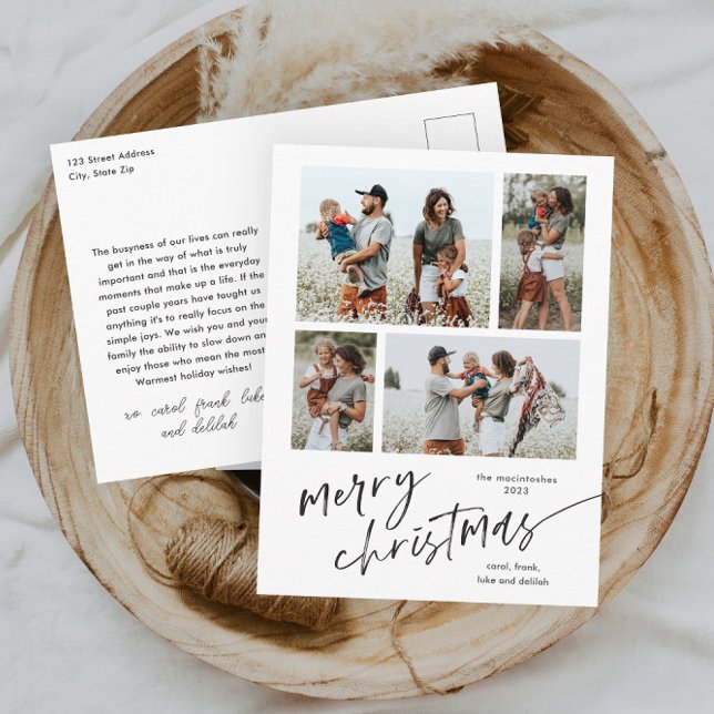 Simple 4 guión de Collage de fotos Feliz Navidad (Modern script black and white merry christmas 4 photo collage holiday postcard.)