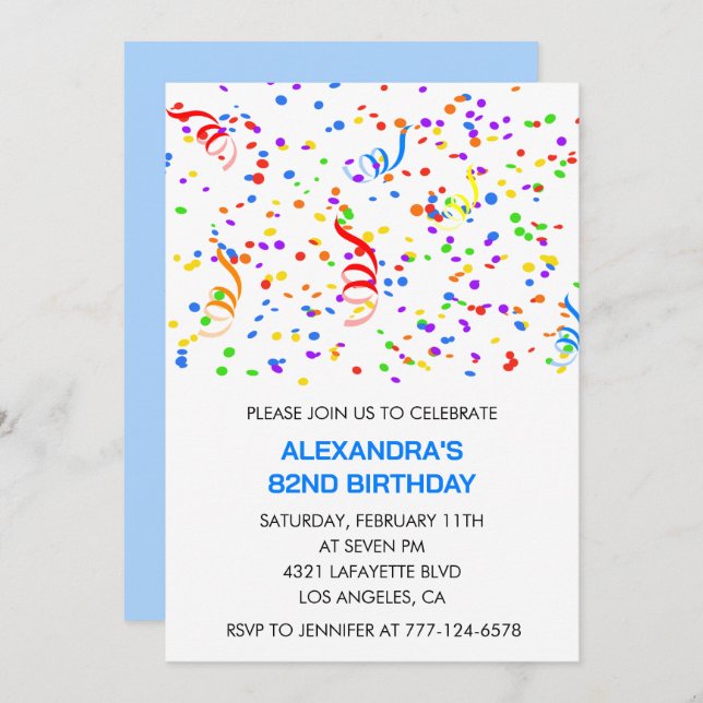 Simple 82 invitaciones de cumpleaños Confetti Rain (Anverso / Reverso)