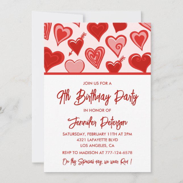 Simple 9 invitaciones de cumpleaños para sus coraz (Anverso)