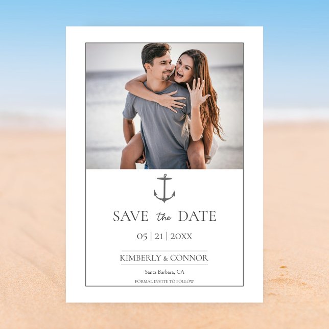 Simple Ancla Náutica Foto Anuncio de Fecha | Blanc (White Simple Nautical Anchor Photo Save the Date)