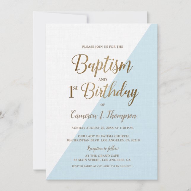 Simple Baptismo de Oro Azul Invitación de primer c (Anverso)
