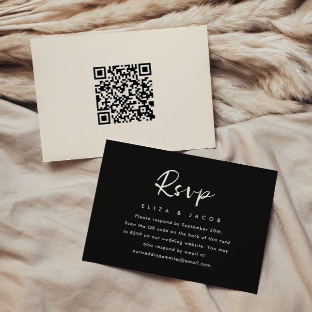 Simple Black Cream Wedding RSVP script QR Code (Minimal and modern black rsvp card with elegant calligraphy and a qr code back for guest response.)