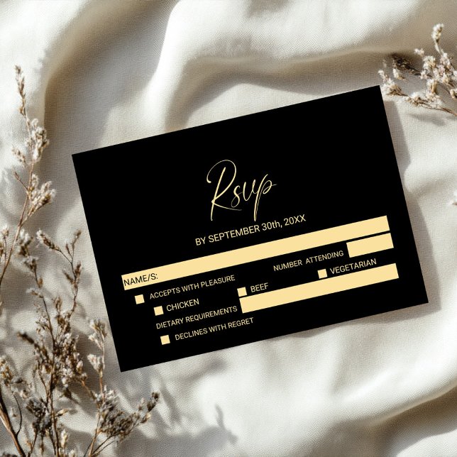 Simple Black Gold Wedding RSVP with Menu Options  (Subido por el creador)