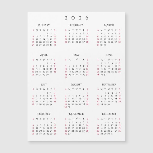 Simple Black White 2026 New Year Magnetic Calendar (Anverso)