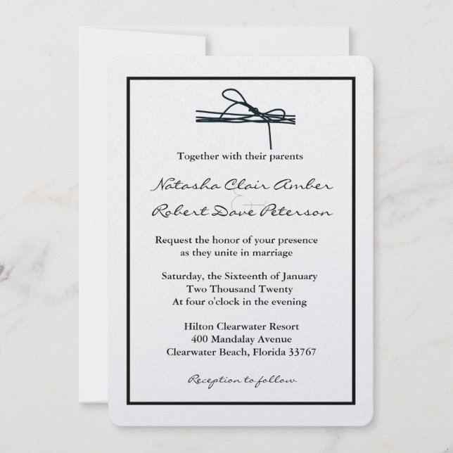 Simple Blanco Negro La Invitación De La Boda De Kn (Anverso)