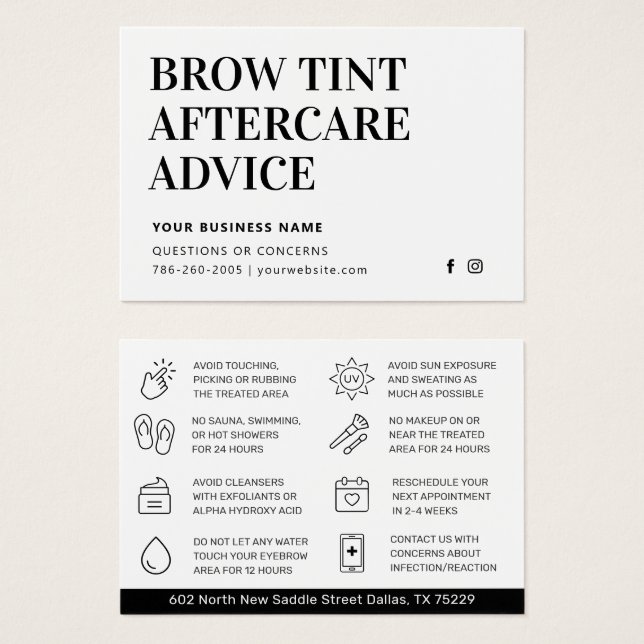 Simple Brow Tint Aftercare Instructions Card (Anverso y reverso)