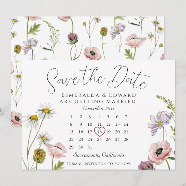 Simple Calendario Boda De Flores Silvestres Guarda (Anverso / Reverso)