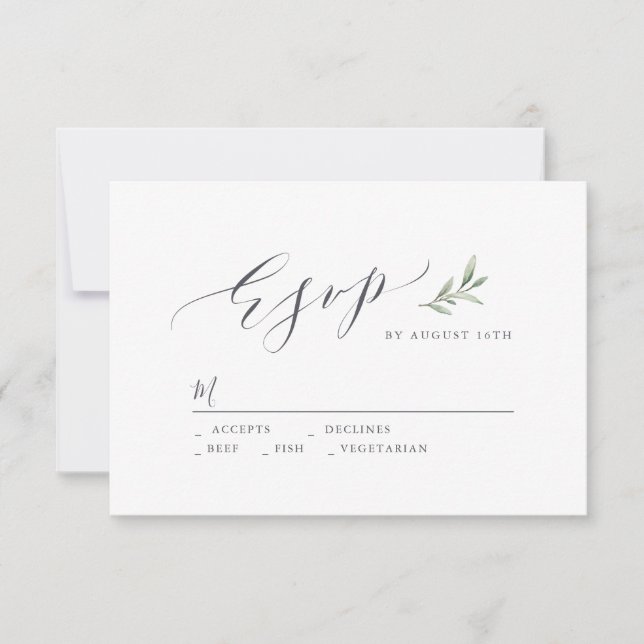 Simple caligrafía boda rústica de vegetación RSVP (Anverso)